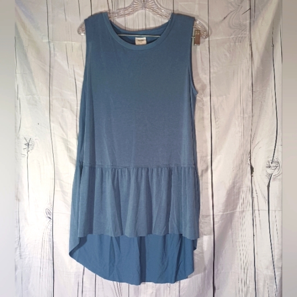 Mote Sleeveless Ruffle Lightweight High-Low Peplum Stretchy Blue Tank Top